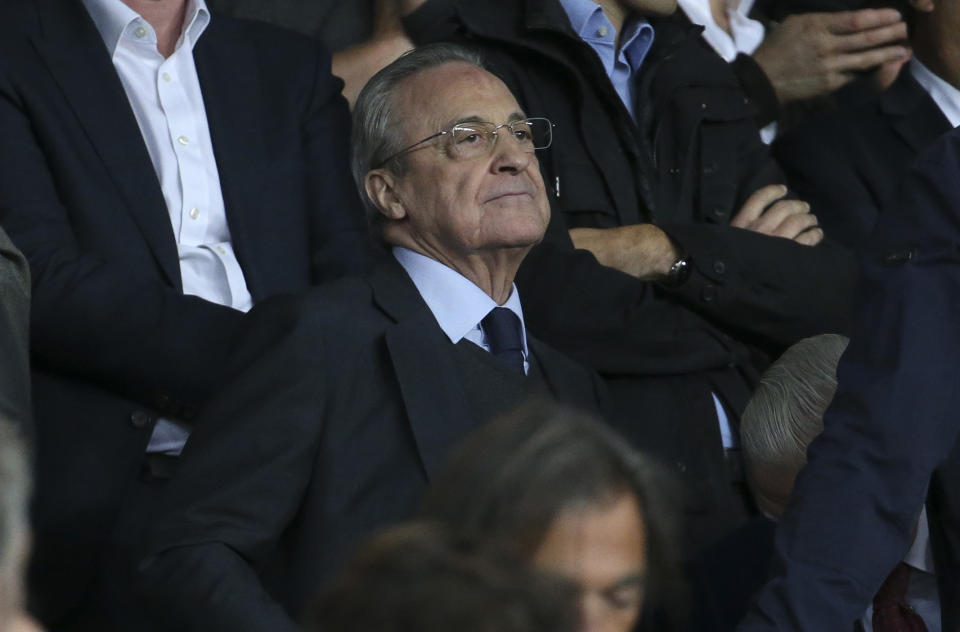 PARIS, FRANCE - SEPTEMBER 18: President of Real Madrid Florentino Perez attends the UEFA Champions League group A match between Paris Saint-Germain and Real Madrid at Parc des Princes stadium on September 18, 2019 in Paris, France. (Photo by Jean Catuffe/Getty Images)