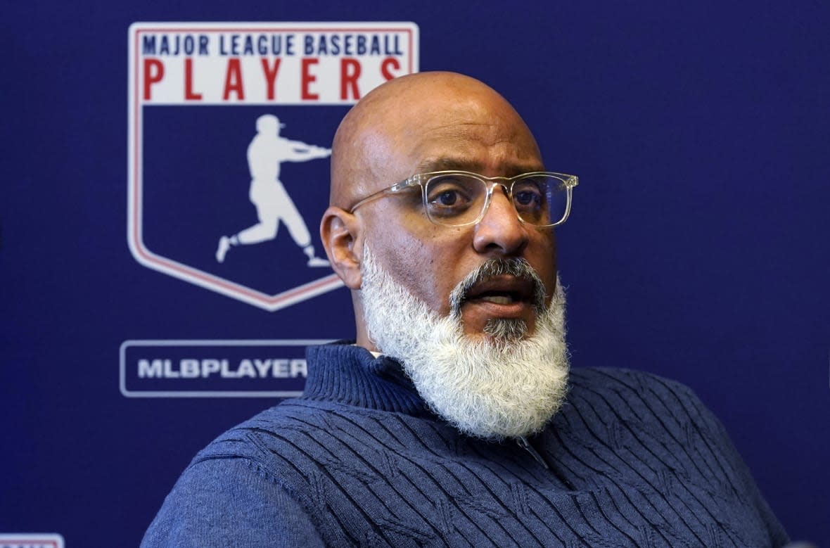 Major League Baseball Players Association Executive Director Tony Clark answers a question during a news conference in New York on March 11, 2022. The MLBPA has voted to extend Clark’s contract through 2027. (AP Photo/Richard Drew, File)