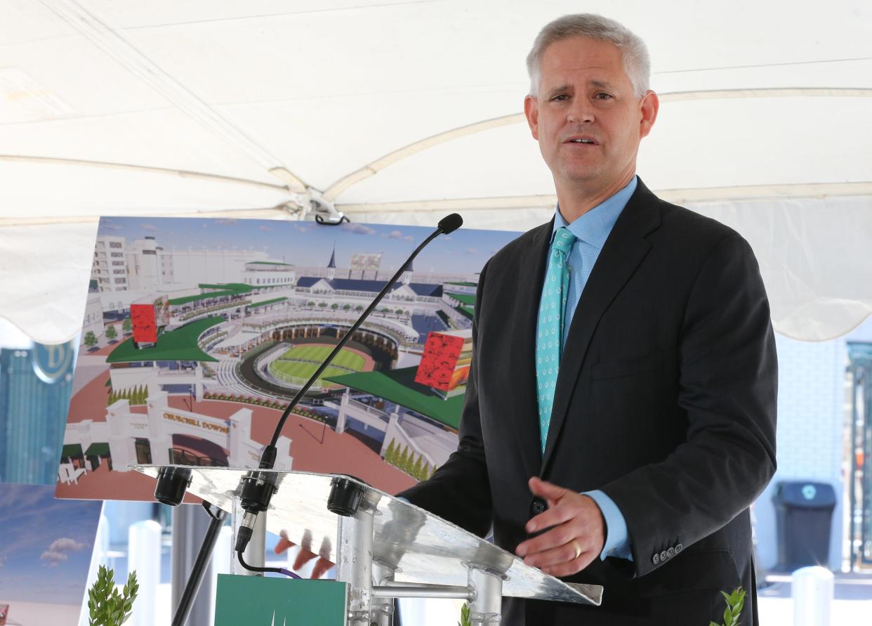 Bill Carstanjen, CEO of Churchill Downs Incorporated, speaks during the “Topping Off” ceremony Wednesday, September 13, 2023, at the race track.