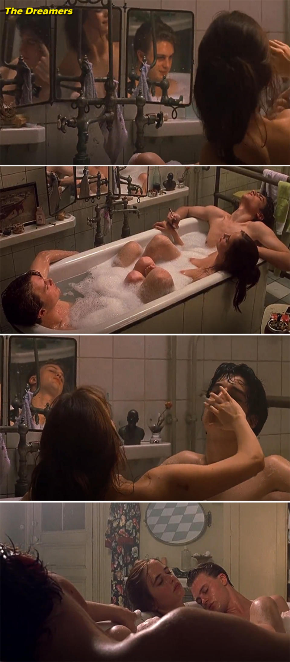 Michael Pitt, Eva Green, and Louis Garrel having a bath together in the movie "The Dreamers"