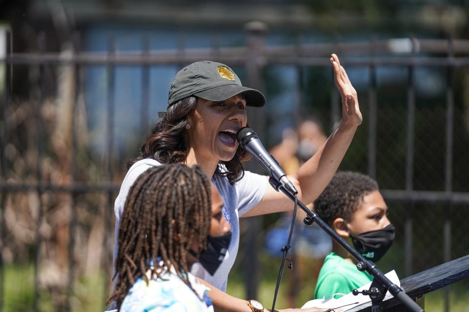 Detroit Council President Pro Tem Mary Sheffield speaks during a rally on Monday, June 1, 2020 at the Detroit Association of Black Organizations in Detroit. Speakers ranged from iconic Detroiters, activists and community leadersthat spoke on  calls for justice and to direct the pain and protest towards progress and away from destruction. 