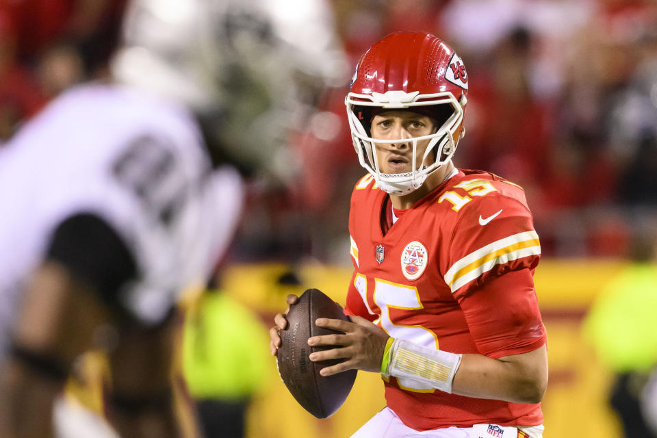 Kansas City Chiefs quarterback Patrick Mahomes (15) is a home underdog for the first time in his career. (AP Photo/Reed Hoffmann)