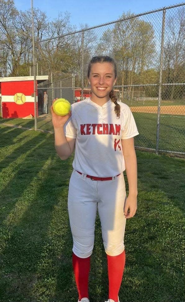 Ketcham softball player Jenny Nardelli poses with the ball after hitting a two-run homer in their win over John Jay-East Fishkill on April 21, 2023.