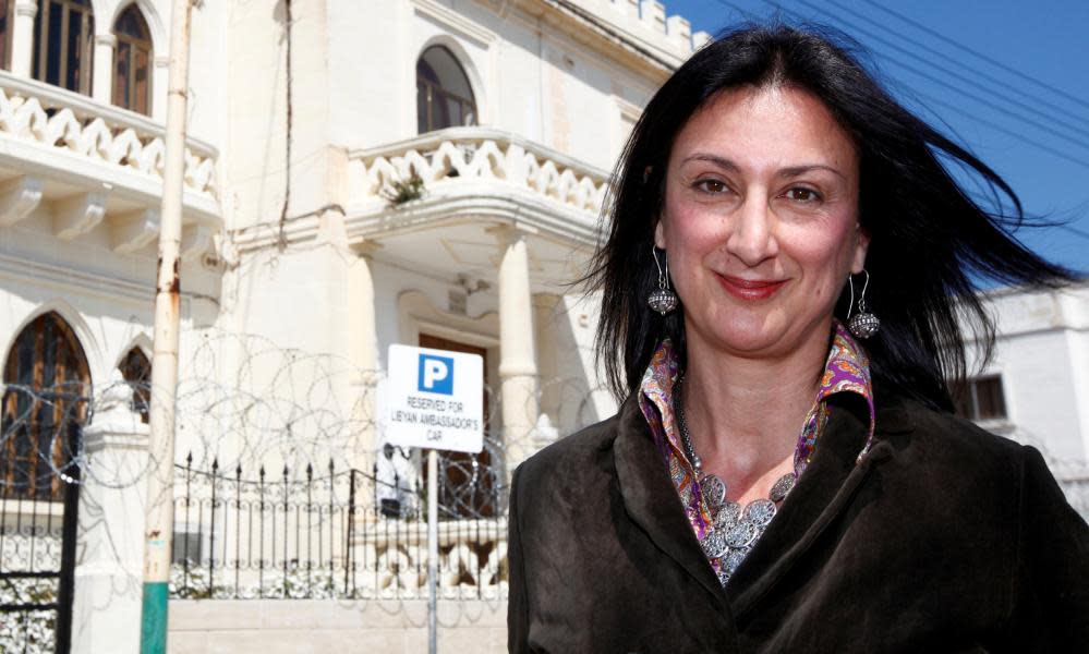 Daphne Caruana Galizia outside the Libyan Embassy in Valletta, Malta.