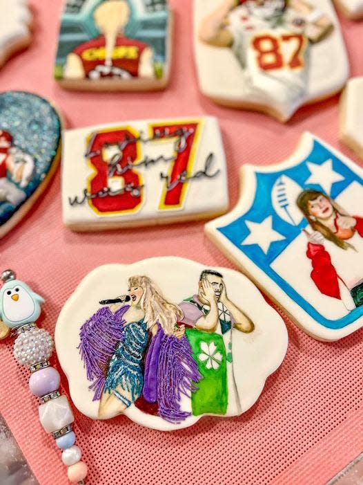 Justina Rucinski posts updates while working on her Taylor Swift-Travis Kelce cookie set.