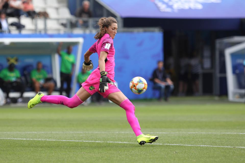 Jamaica goalkeeper Sydney Schneider kicks the ball after saving a penalty during the Women's World Cup Group C soccer match between Brazil and Jamaica in Grenoble, France, Sunday, June 9, 2019.
