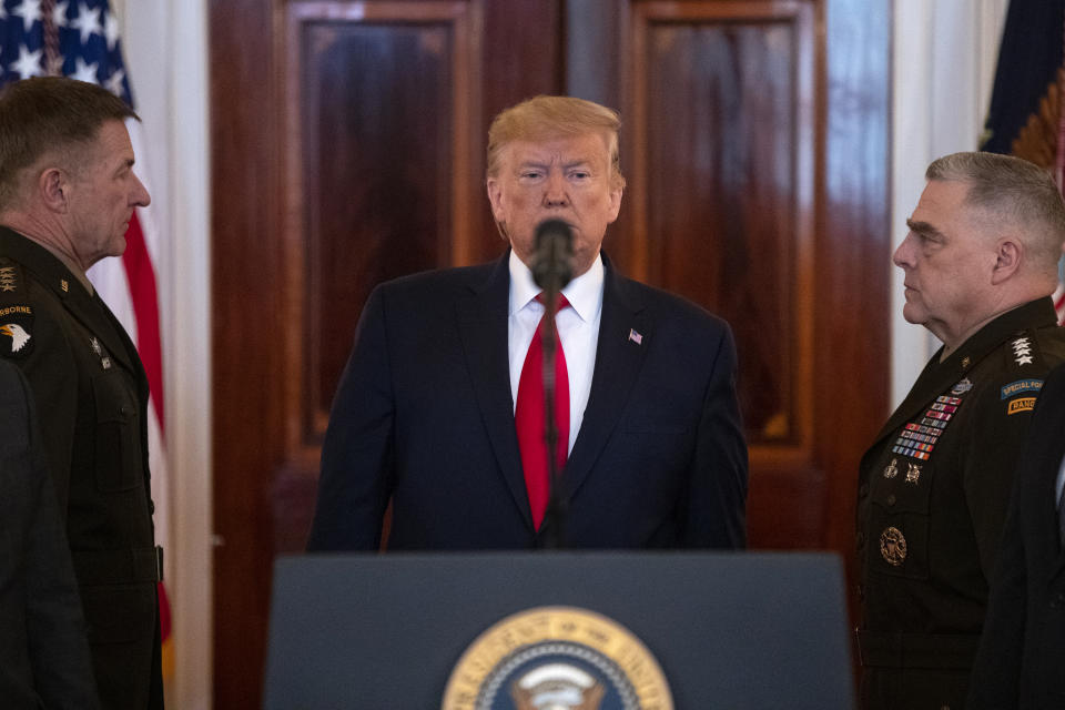 President Trump arrives to address the nation from the White House on the ballistic missile strike that Iran launched against Iraqi air bases housing U.S. troops, Wednesday, Jan. 8, 2020, in Washington. (Photo: Evan Vucci/AP)