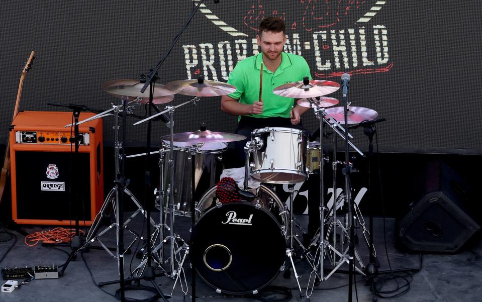 Gavins on the drum kit/Daniel Gavins celebrates dramatic final-hole DP Tour win by playing the drums - Warren Little/Getty Images