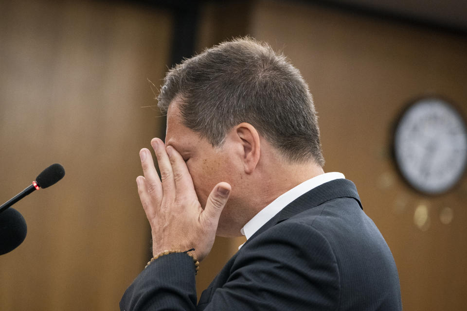 Don Damond, the fiance of Justine Ruszczyk Damond, reads a victim impact statement before the sentencing at the Hennepin County District Court in Minneapolis Friday, June 7, 2019, before the sentencing of former Minneapolis police officer Mohamed Noor in the fatal shooting of Justine Ruszczyk Damond. (Leila Navidi/Star Tribune via AP, Pool)