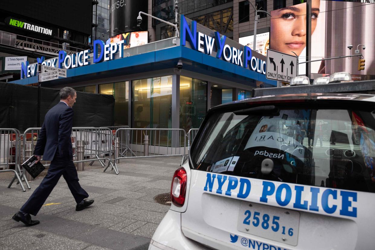 New York City Police Department precinct is seen in Times Square.