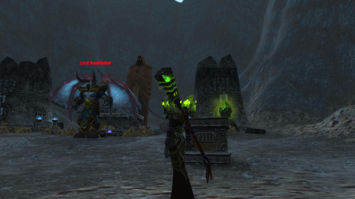  WoW When Revenge Burns Green - a blood elf warlock stands before a large demon named Lord Banehollow 