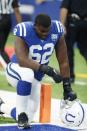 Aug 25, 2018; Indianapolis, IN, USA; Indianapolis Colts offensive guard Le'Raven Clark (42) prays before the game against the San Francisco 49ers at Lucas Oil Stadium. Mandatory Credit: Brian Spurlock-USA TODAY Sports