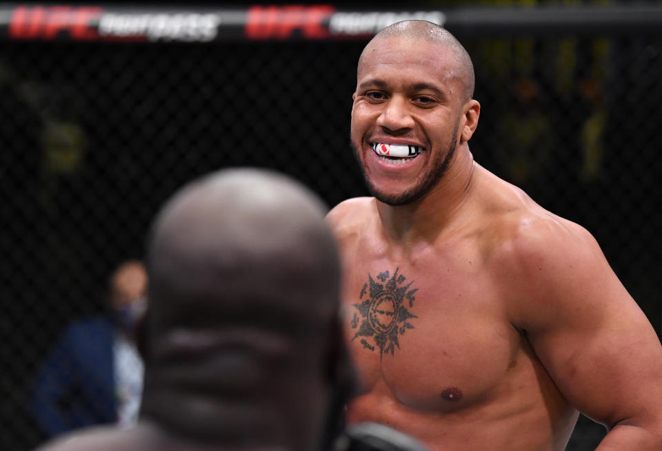 LAS VEGAS, NEVADA - FEBRUARY 27: Ciryl Gane of France battles Jairzinho Rozenstruik of Suriname in a heavyweight bout during the UFC Fight Night event at UFC APEX on February 27, 2021 in Las Vegas, Nevada. (Photo by Jeff Bottari/Zuffa LLC)