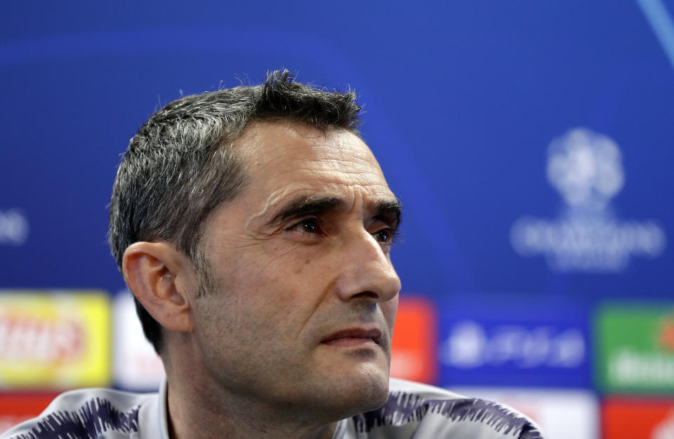 FC Barcelona's coach Ernesto Valverde attends a press conference at the Sports Center FC Barcelona Joan Gamper in Sant Joan Despi, Spain, Tuesday, April 30, 2019. FC Barcelona will play against Liverpool in a first leg semifinal Champions League soccer match on Wednesday, May 1. (AP Photo/Manu Fernandez)
