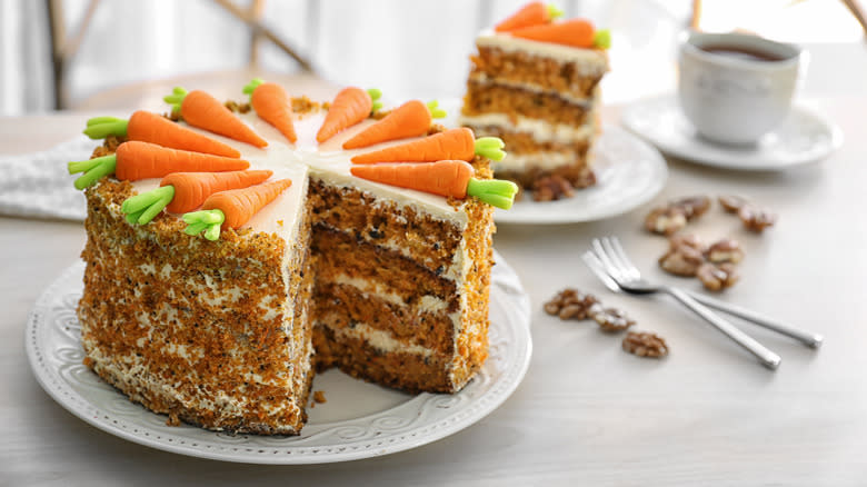 carrot cake decorated with crumbs