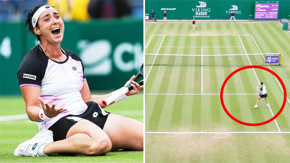 Ons Jabeur (pictured left) celebrating after winning match point (pictured right).