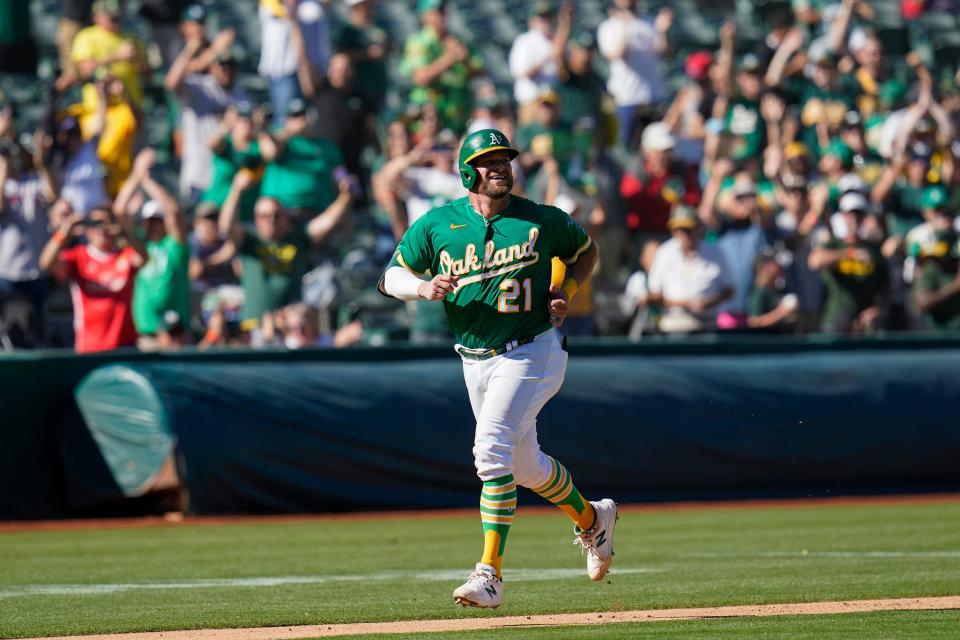 Stephen Vogt runs the bases after hitting a solo home run for the A's against the Los Angeles Angels in his final at-bat as a Major Leaguer, Wednesday, Oct. 5, 2022, in Oakland, Calif.