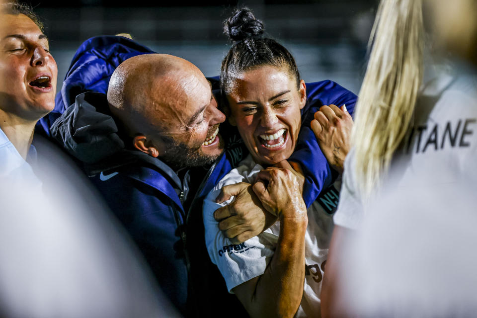 Oct 22, 2023; Carey, North Carolina, USA; New Jersey/New York Gotham FC defender Ali Krieger (11) celebrates with her coach after winning agains North Carolina Courage at WakeMed Soccer Park. Mandatory Credit: Jaylynn Nash-USA TODAY Sports