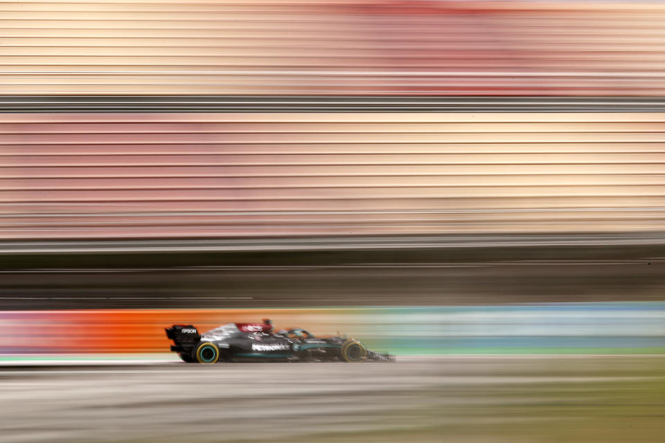 Mercedes driver Lewis Hamilton of Britain steers his car during the Spanish Formula One Grand Prix at the Barcelona Catalunya racetrack in Montmelo, just outside Barcelona, Spain, Sunday, May 9, 2021. (AP Photo/Joan Monfort)