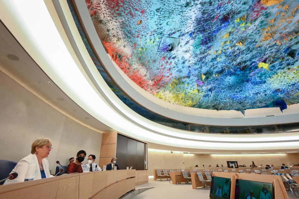 United Nations High Commissioner for Human Rights Michelle Bachelet delivers a speech at the opening of a special session of the UN Human Rights Council on Afghanistan in Geneva on Aug. 24, 2021. The UN rights chief voiced grave concern at the situation in Afghanistan after the Taliban swept into power, saying their treatment of women would mark a "fundamental red line."