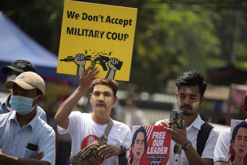 Demonstrators rally against the military coup at the University of Yangon