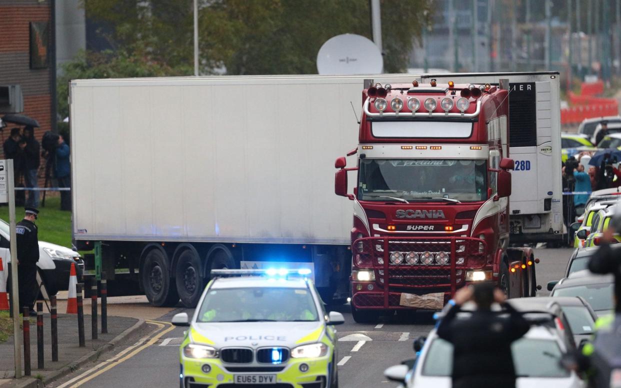 The bodies of eight women and 31 men were found in a refrigerated trailer attached to a lorry in an industrial park in Grays, Essex, in the early hours of October 23 - Aaron Chown/PA 