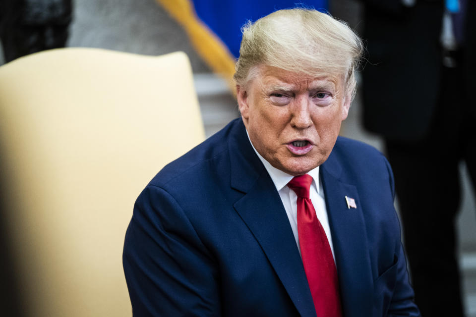 WASHINGTON, DC - MARCH 2 : President Donald J. Trump speaks with President of the Republic of Colombia Iván Duque Márquez during a meeting in the Oval Office at the White House on Monday, March 02, 2020 in Washington, DC. (Photo by Jabin Botsford/The Washington Post via Getty Images)