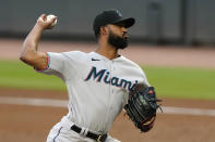 Miami Marlins starting pitcher Sandy Alcantara works in the first inning of a baseball game against the Atlanta Braves, Monday, April 12, 2021, in Atlanta. (AP Photo/John Bazemore)