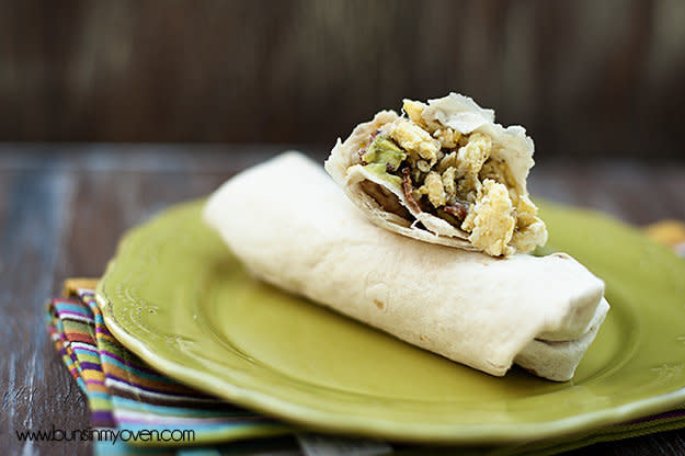 <strong>Get the <a href="http://www.bunsinmyoven.com/2012/09/12/bacon-egg-avocado-breakfast-burritos/" target="_blank">Bacon, Egg and Avocado Breakfast Burrito recipe from Buns In My Oven</a></strong>