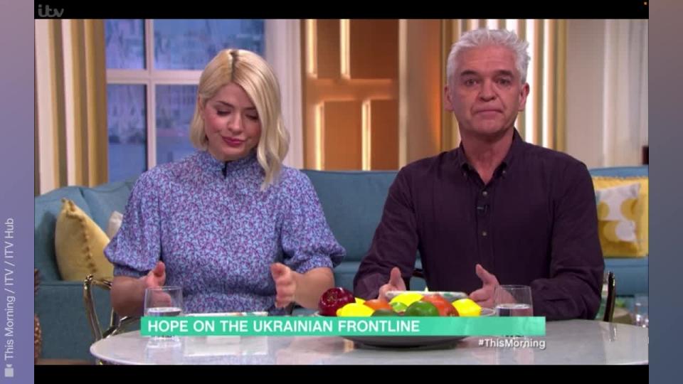 <p>Holly Willoughby and Phillip Schofield became tearful discussing the crisis in Ukraine and were forced to cut to a commercial break.</p>
<p>The <em>This Morning </em>hosts were discussing a video that has gone viral on social media of a young girls singing <em>Let It Go</em> in Ukrainian in a bomb shelter with fellow presenters Gyles Brandreth and Royal correspondent Camilla Tominey.</p>
<p>As the TV presenters became overwhelmed Schofield said: 