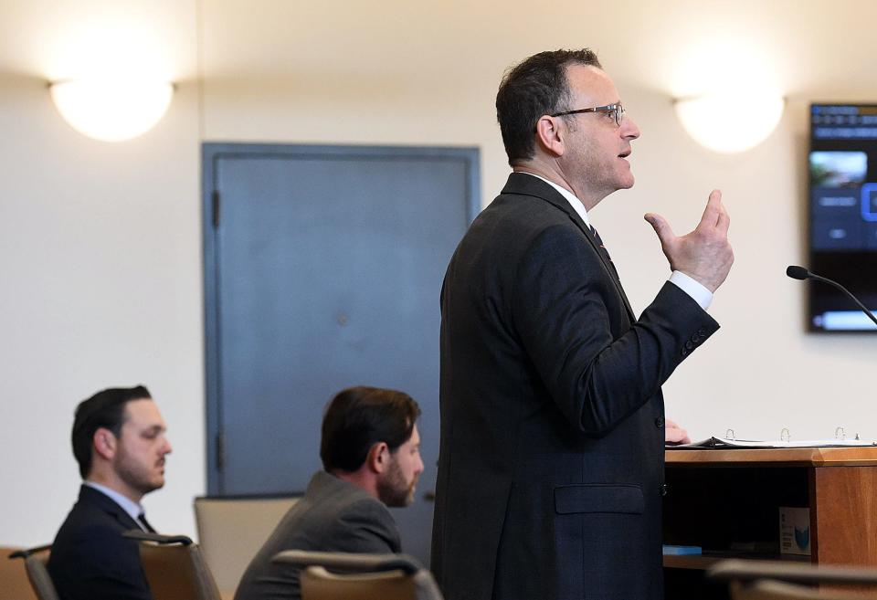 Matt Maillaro, assistant district attorney for Larimer County, speaks during sentencing hearing for former Loveland police officer Austin Hopp Thursday. Hopp was sentenced to five years in prison with three years of mandatory parole after pleading guilty to second-degree assault stemming from his 2020 arrest of Karen Garner.