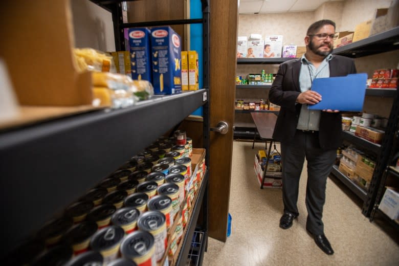 Felix Fernandez, coordinator of the Tejano Food Pantry, said that the food pantry began as a student government project and has been incorporated into campus operations. (Corrie Boudreaux/El Paso Matters)