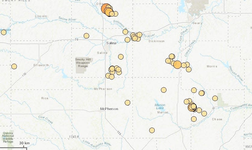 The Kansas Geological Survey's website shows all the earthquakes of magnitude 2.0 or higher recorded in a portion of central Kansas in 2023. The most intense quake, a 4.1 magnitude indicated by the largest circle, happened on Nov. 10 near Bennington in Ottawa County.