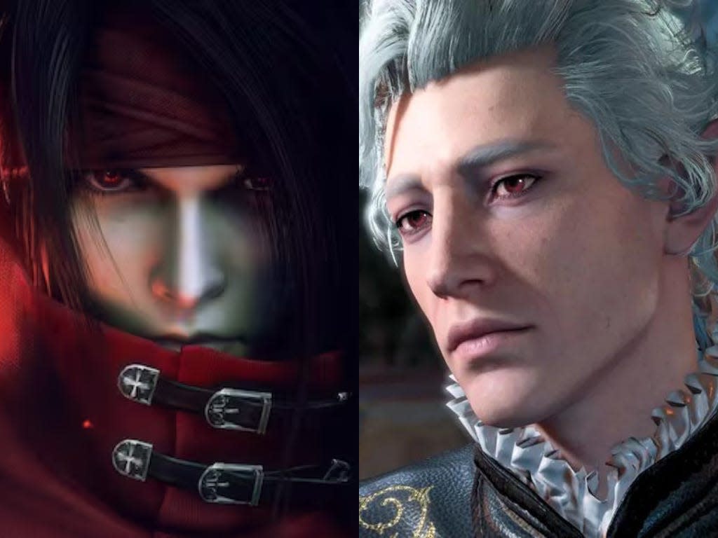 A composite image of two video game characters, Vincent Valentine of "Final Fantasy VII," and Astarion of "Baldur's Gate 3."
