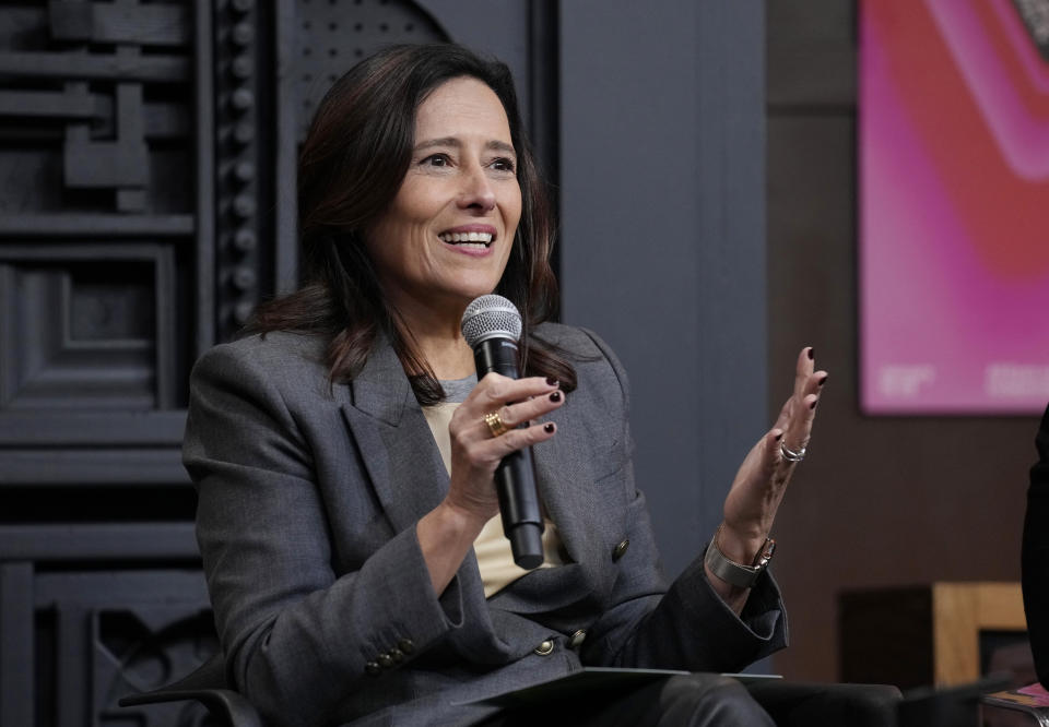 Sundance Institute CEO Joana Vicente addresses reporters at Sundance Scoop, a news conference to kick off the 2023 Sundance Film Festival, Thursday, Jan. 19, 2023, in Park City, Utah. The annual independent film festival runs from Jan. 19-29. (AP Photo/Chris Pizzello)