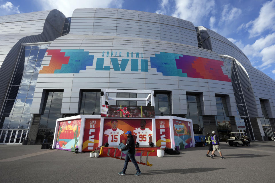 State Farm Stadium is decorated ahead of Super Bowl 57 NFL football game Saturday, Feb. 11, 2023, in Glendale, Ariz. The Kansas City Chiefs will play the Philadelphia Eagles on Sunday. (AP Photo/Marcio Jose Sanchez)