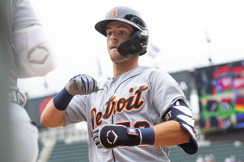 Detroit Tigers shortstop Zack Short is congratulated after hitting a home run against the Minnesota Twins in the first inning of a baseball game, Saturday, July 10, 2021, in Minneapolis. (AP Photo/Andy Clayton-King)