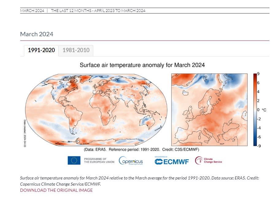 <span>Screenshot der Copernicus-Website vom 10. April 2024: Anomalie der weltweiten Oberflächenlufttemperatur für März 2024 im Vergleich zum März-Mittelwert des Zeitraums 1991-2020</span>