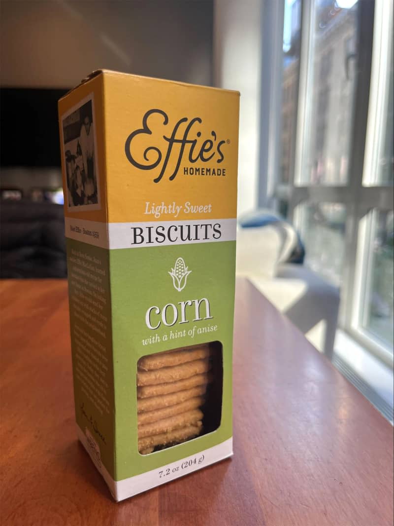 Box of Effie's corn biscuits on dining table.
