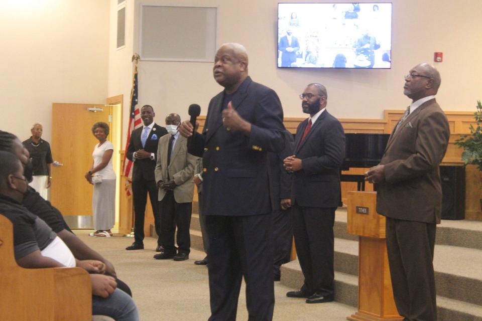 The Rev. Dr. Freeman N. Gallmon, pastor of Mount Moriah Baptist Church, speaks during the Sunday morning worship service on July 9 celebrating the church's 158th anniversary in southeast Gainesville.
(Credit: Photo by Voleer Thomas/For The Guardian)