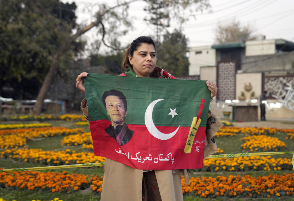 Supporter of former prime minister Imran Khan and political party Pakistan Tehreek-e-Insaf (PTI) attend during an election campaign rally in Lahore, Pakistan, Sunday, Jan. 28, 2024. (AP Photo/K.M. Chaudary)