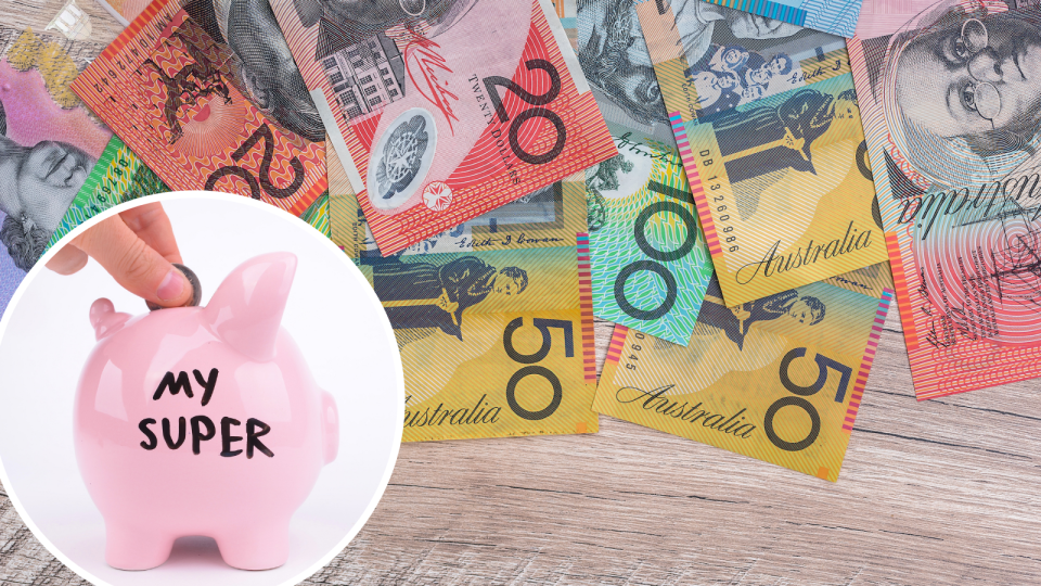 Australian money on a wooden background and a piggy bank with the words My Super written on it with a person inserting a coin.