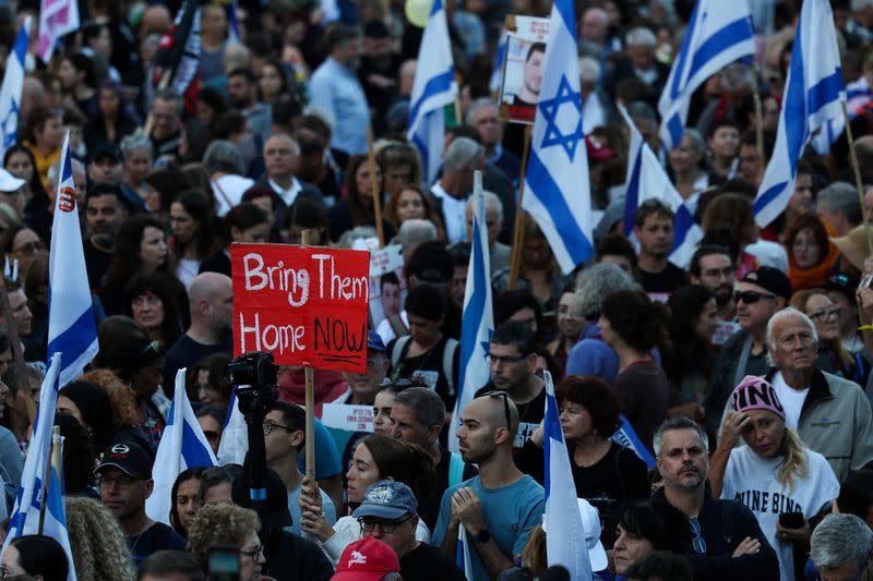 Family members, friends and supporters of hostages taken by Hamas on October 7, march towards Jerusalem