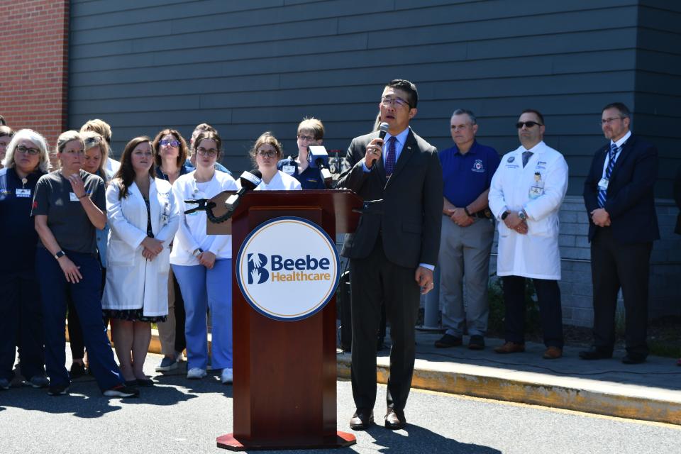 Beebe Healthcare CEO and President Dr. David Tam at a press conference on the surge in overdoses in Sussex County May 1, 2024.