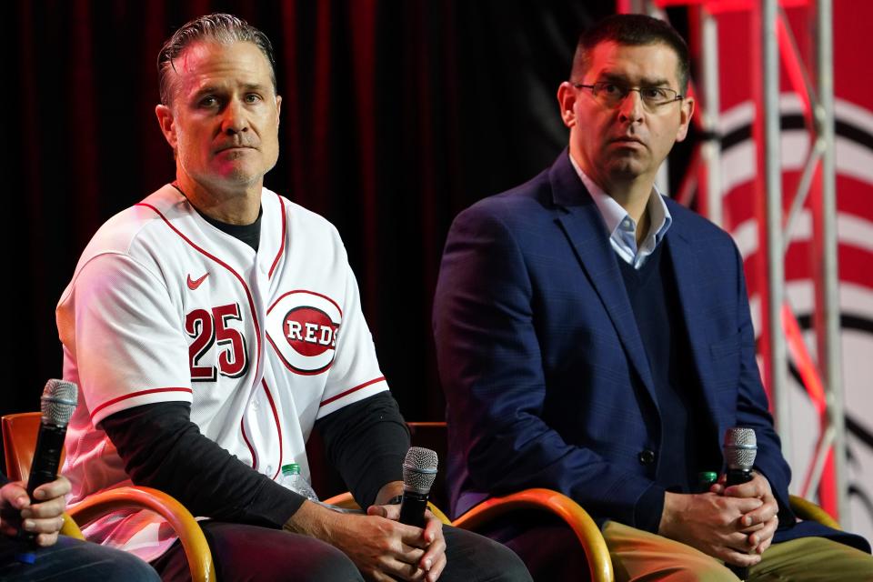 Cincinnati Reds manager David Bell, left, and General Manager Nick Krall answer questions during Redsfest, Dec. 2, 2022, at Duke Energy Convention Center.