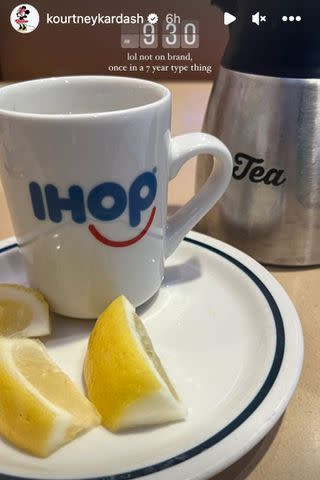 <p>Kourtney Kardashian Barker/ Instagram</p> Kourtney Kardashian's IHOP feast starts off innocently enough with hot tea.