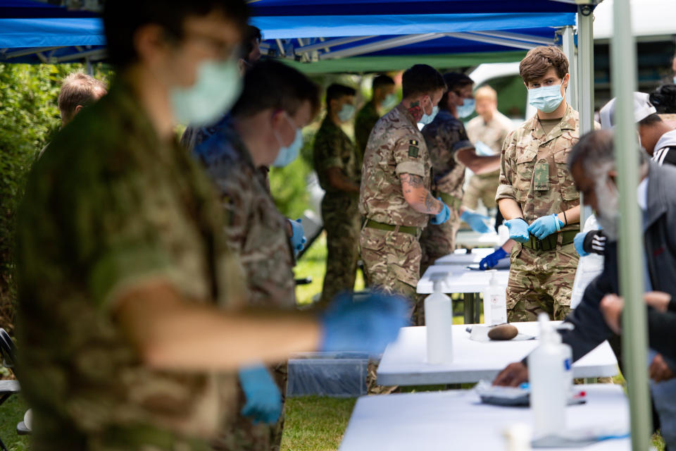 Members of the military at a Covid-19 testing centre in Spinney Hill Park in Leicester, after the Health Secretary Matt Hancock imposed a local lockdown following a spike in coronavirus cases in the city.