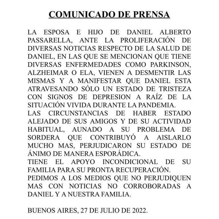 Dichiarazione della famiglia Passarella sullo stato di salute dell'ex presidente del River