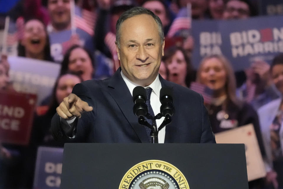 Second gentleman Doug Emhoff speaks before President Joe Biden appears at an event on the campus of George Mason University in Manassas, Va., Tuesday, Jan. 23, 2024, to campaign for abortion rights, a top issue for Democrats in the upcoming presidential election. (AP Photo/Alex Brandon)