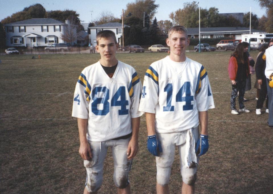 Nate Oats (14), then a high school junior, stands next to his younger brother Andy (84) at Maranatha Baptist Academy in Watertown, Wisconsin.